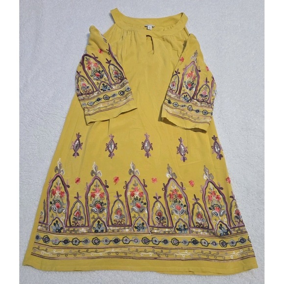 Cato Dresses & Skirts - Cato Embroidered Dress Womens Size Medium Yellow Open Shoulder Boho Keyhole